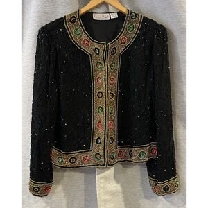 Laurence Kazar New York  Vintage Sequin/Beaded Silk‎ Jacket Sz XL